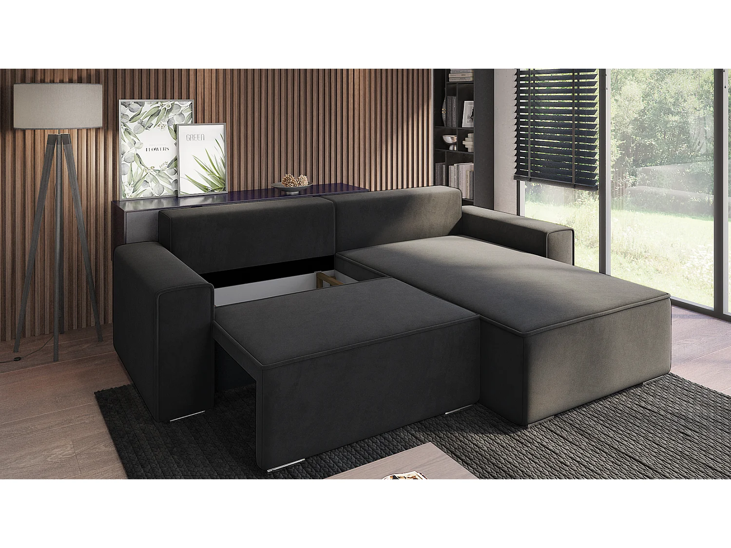 Emporius Lora rechts Hoekbank 250 cm, sofa met slaapfunctie en bedlade, woonkamerbank, 3-zitsbank donkergrijs (Amor Velvet 4321)