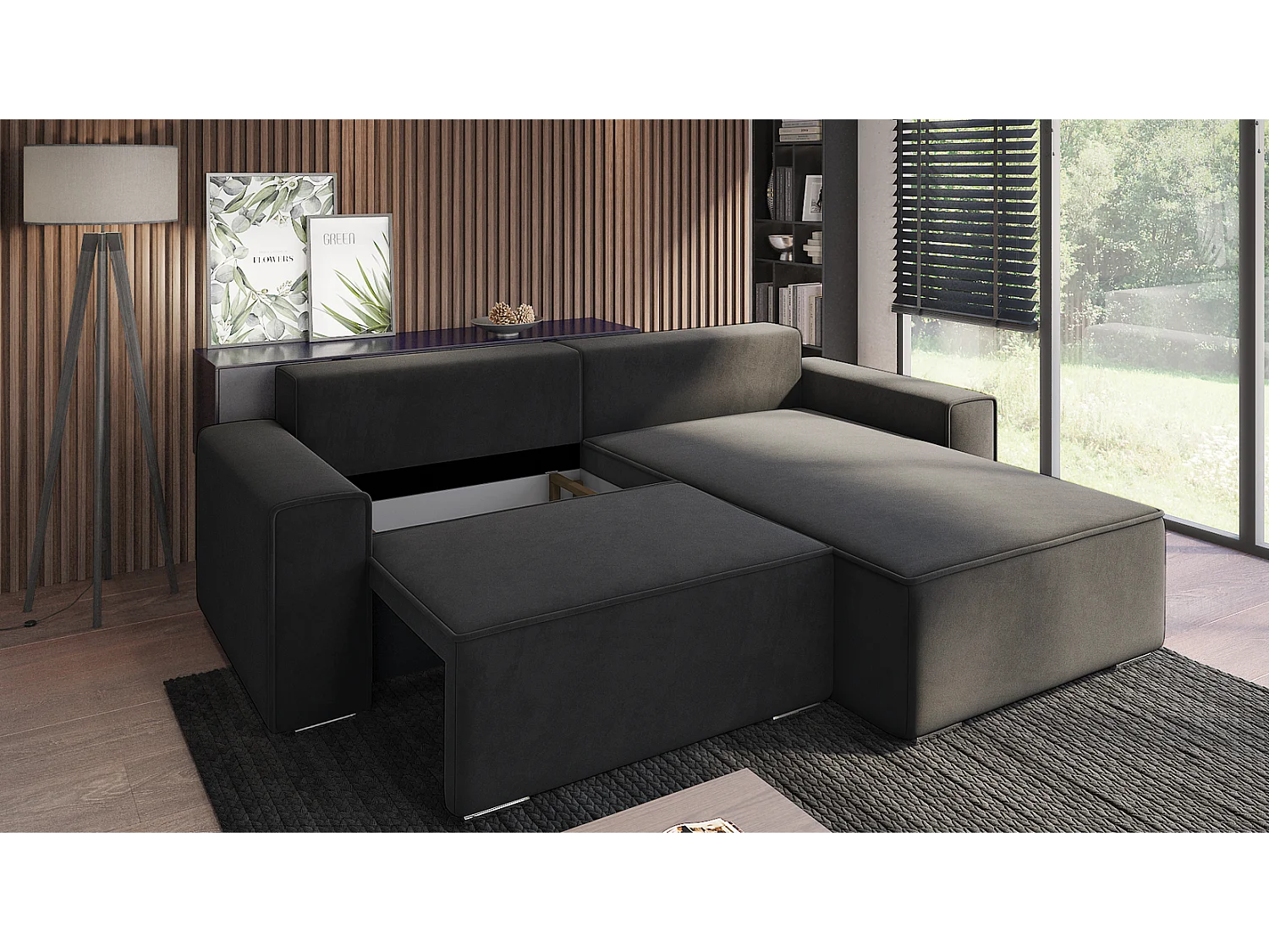 Emporius Lora narożnik rozkładany - narożnik z funkcją spania i pojemnikiem - nowoczesny styl, prawostronny, tkanina aksamitna, ciemny szary (Amor Velvet 4321)
