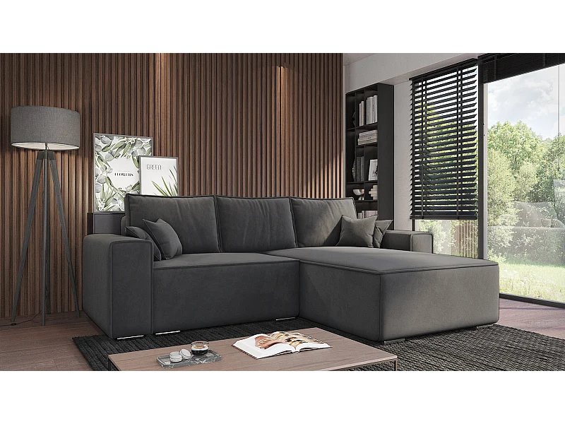 Emporius Lora Rechts Ecksofa mit Schlaffunktion, Sofa L-Form, Bettkasten, Samtstoff, Ecksofa 250 cm Dunkelgrau (Amor Velvet 4321)