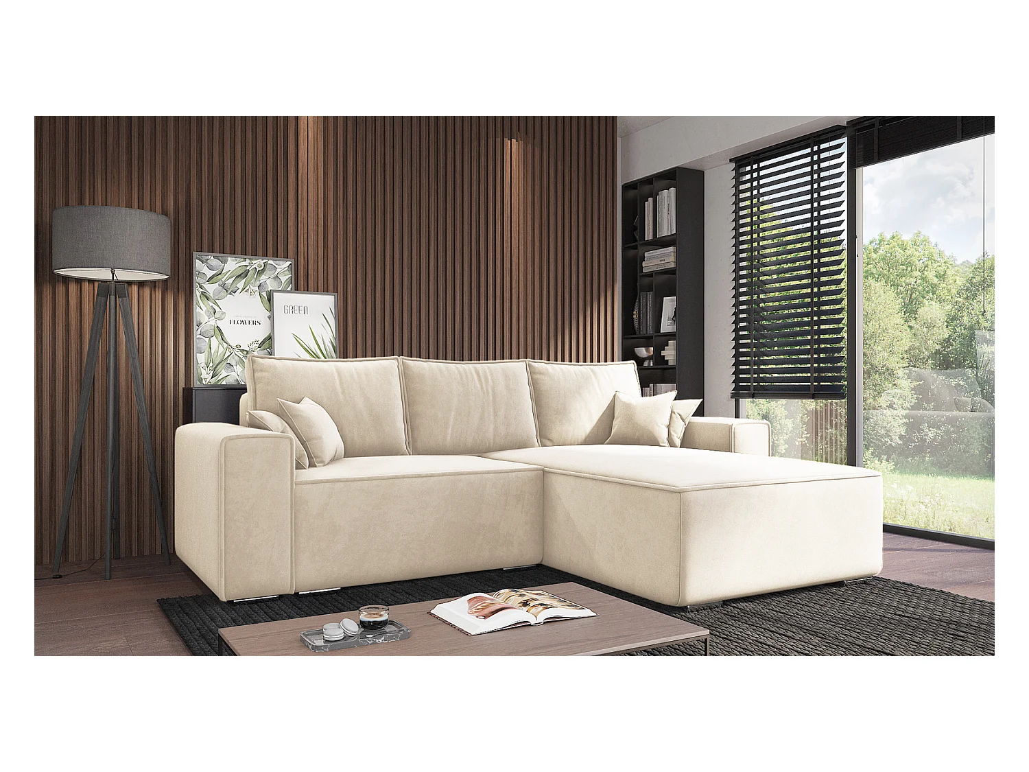 Emporius Lora Droit Canapé d'angle avec Coffre de Rangement - Canapé d'angle Convertible Vanille (Amor Velvet 4323)