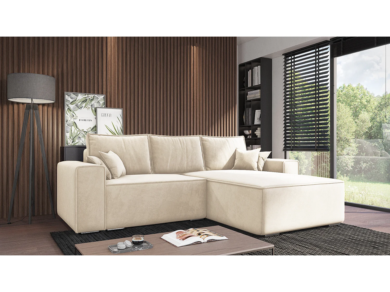 Emporius Lora rechts Hoekbank 250 cm, sofa met slaapfunctie en bedlade, woonkamerbank, 3-zitsbank crème (Amor Velvet 4323)