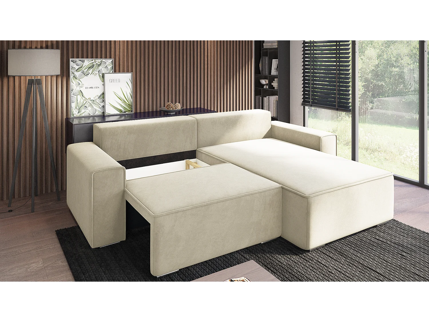 Emporius Lora Rechts Ecksofa mit Schlaffunktion, Sofa L-Form, Bettkasten, Samtstoff, Ecksofa 250 cm Creme (Amor Velvet 4323)