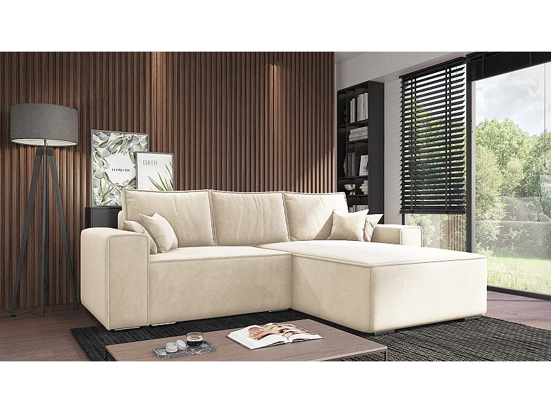 Emporius Lora Rechts Ecksofa mit Schlaffunktion, Sofa L-Form, Bettkasten, Samtstoff, Ecksofa 250 cm Creme (Amor Velvet 4323)