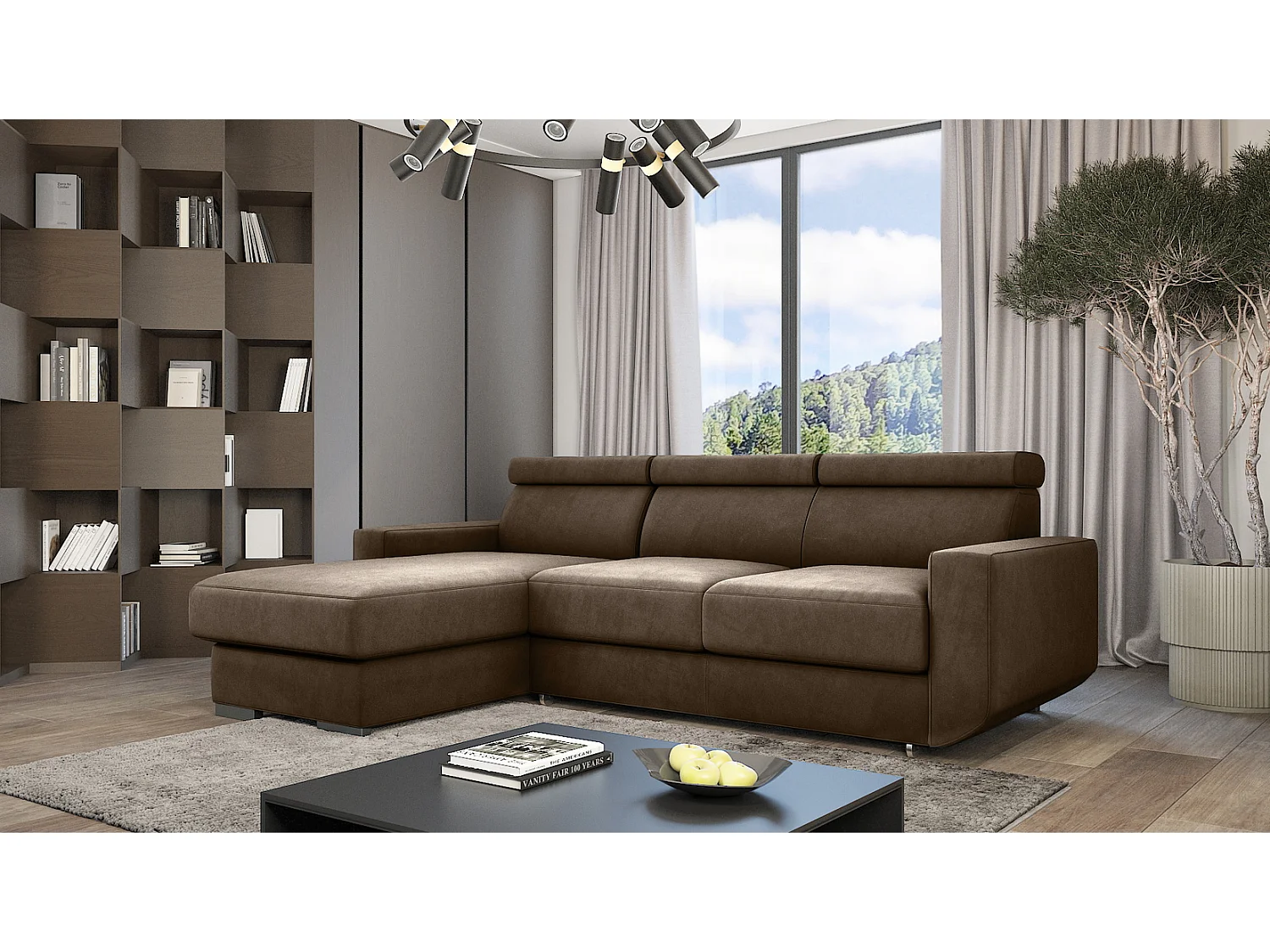 Emporius Braga links Hoekbank met slaapfunctie - gestoffeerde bank, sofa met bedlade bruin (Monolith 09)