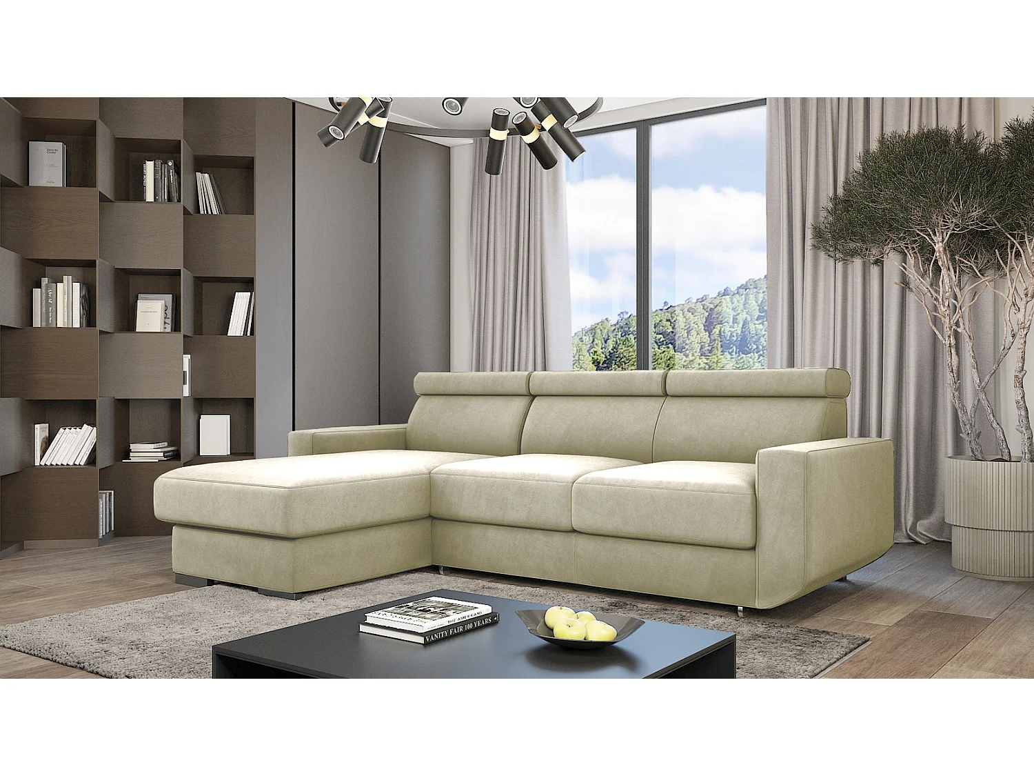 Emporius Braga narożnik z funkcją spania - pojemnik, regulowane zagłówki - sofa rozkładana, lewostronny, tkanina aksamitna, beżowy (Monolith 02)