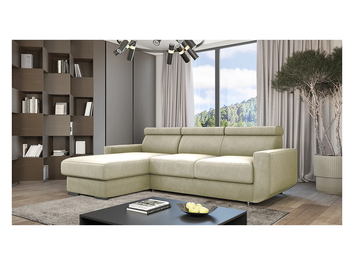 Emporius Braga Gauche Canapé d'angle 3 Places Convertible, Coffre de Rangement, têtières réglables - Canapé Lit Beige (Monolith 02)