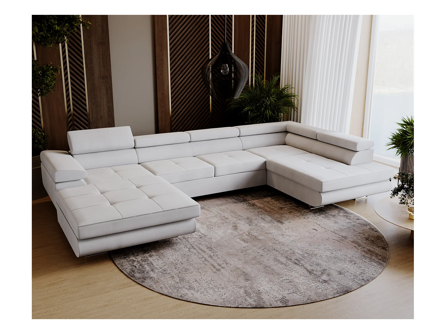 Emporius Sorlo U Droit Canapé d'angle Convertible, Canapé avec Coffre de Rangement, têtières réglables - Canapé d'angle U Gris clair (Amor Velvet 4318)