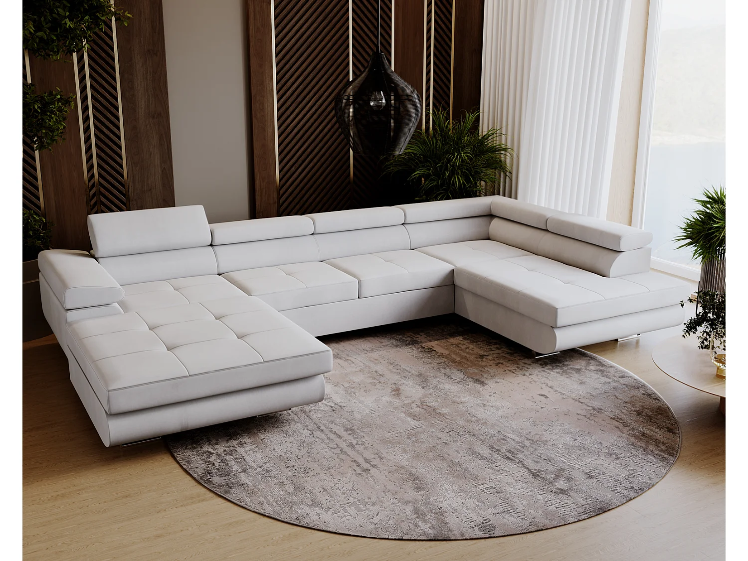 Emporius Sorlo U Droit Canapé d'angle Convertible, Canapé avec Coffre de Rangement, têtières réglables - Canapé d'angle U Gris clair (Amor Velvet 4318)