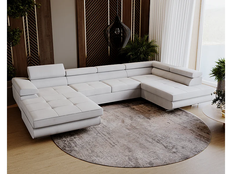 Emporius Sorlo U duży narożnik do salonu - funkcja spania, pojemnik, regulowane zagłówki - prawostronny, tkanina aksamitna, jasny szary (Amor Velvet 4318)