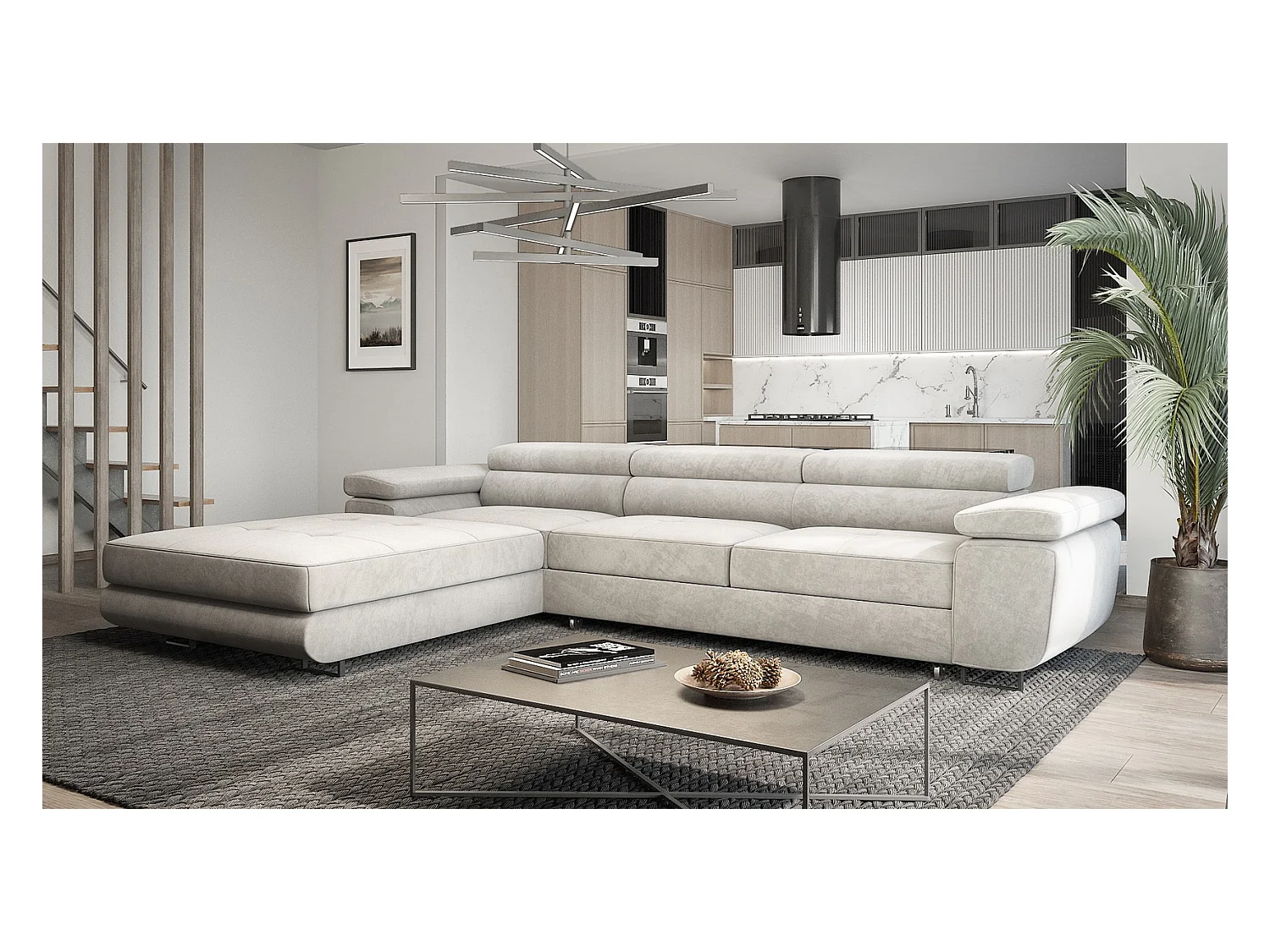 Emporius Sorlo Twin Gauche Canapé d'angle 280 cm, Coffre de Rangement, têtières réglables - Canapé d'angle Convertible Gris clair (Monolith 84)