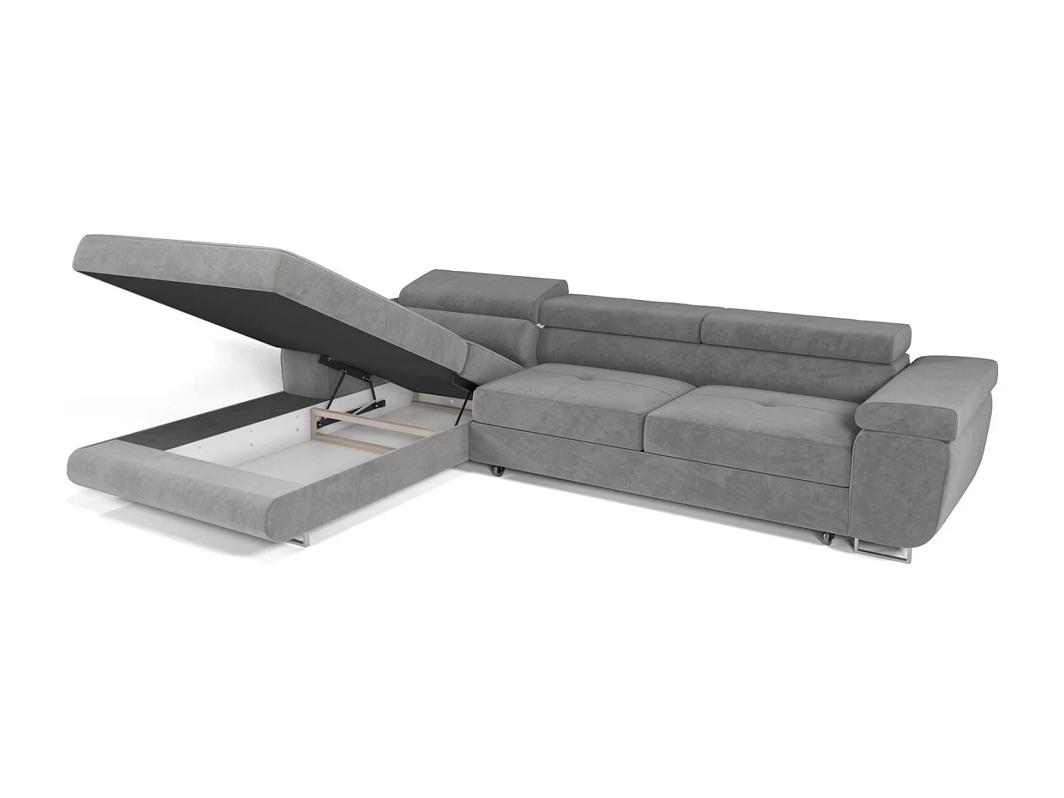 Emporius Sorlo Twin Gauche Canapé d'angle 280 cm, Coffre de Rangement, têtières réglables - Canapé d'angle Convertible Gris clair (Monolith 84)