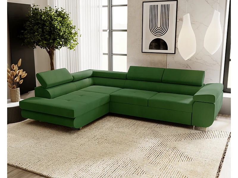 Emporius Sorlo Links Ecksofa mit Schlaffunktion - Eckcouch mit Bettkasten, Sofa L-Form Grün (Amor Velvet 4311)