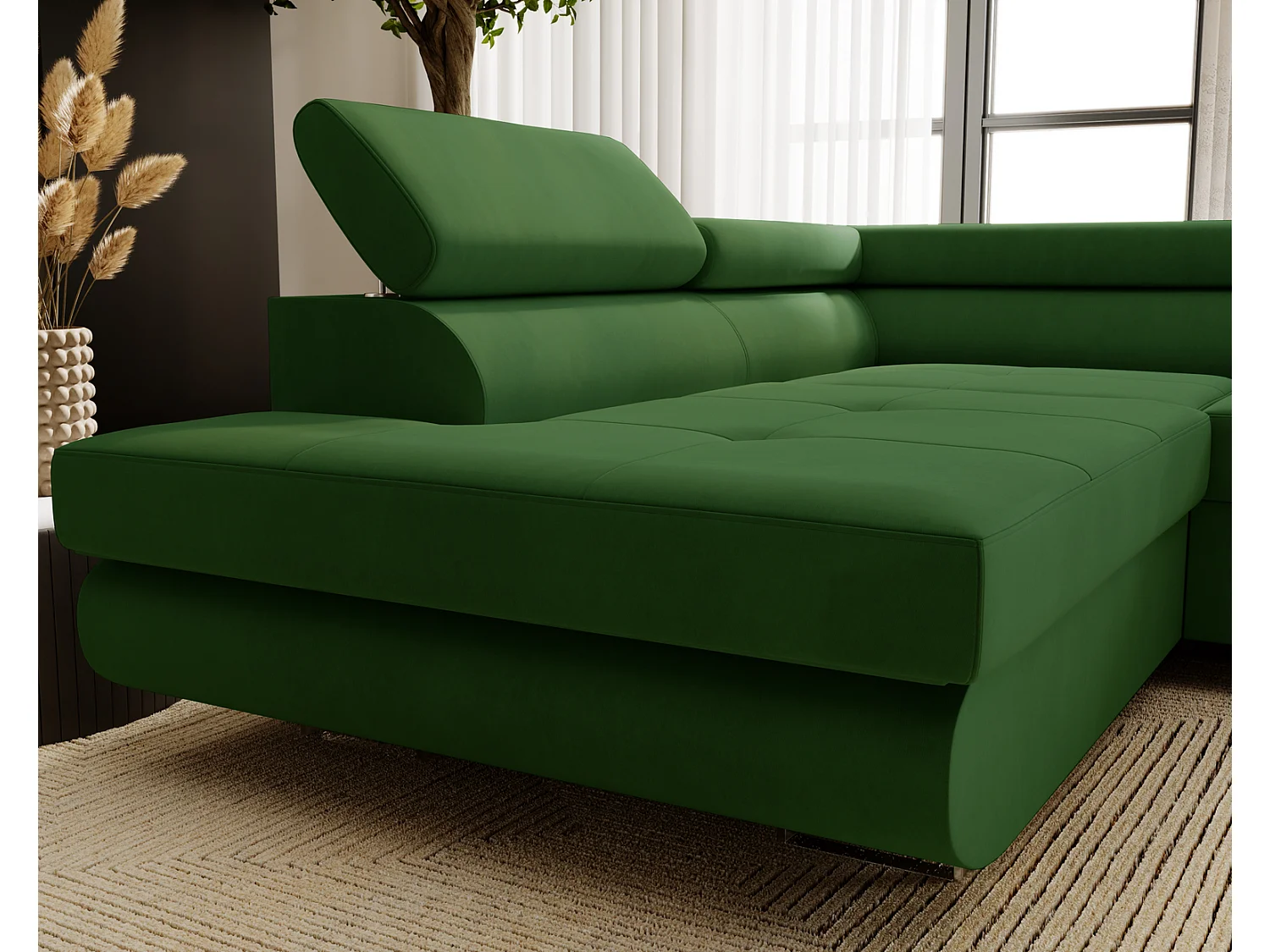 Emporius Sorlo Gauche Canapé d'angle avec Coffre de Rangement, têtières réglables - Canapé d'angle Convertible Vert (Amor Velvet 4311)