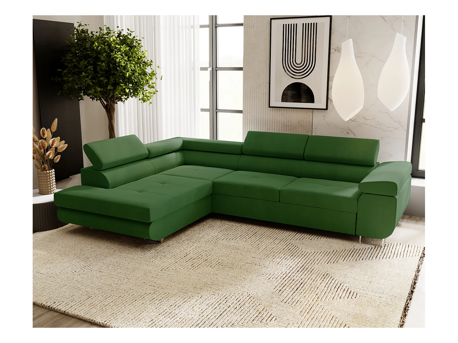 Emporius Sorlo Gauche Canapé d'angle avec Coffre de Rangement, têtières réglables - Canapé d'angle Convertible Vert (Amor Velvet 4311)