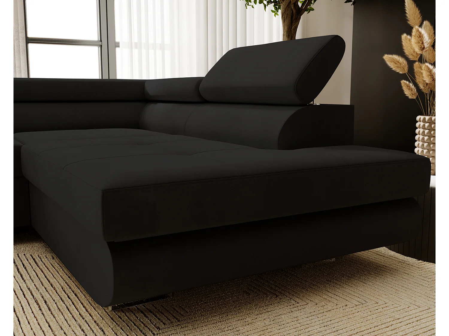 Emporius Sorlo Droit Canapé d'angle avec Coffre de Rangement, têtières réglables - Canapé d'angle Convertible Noir (Amor Velvet 4322)