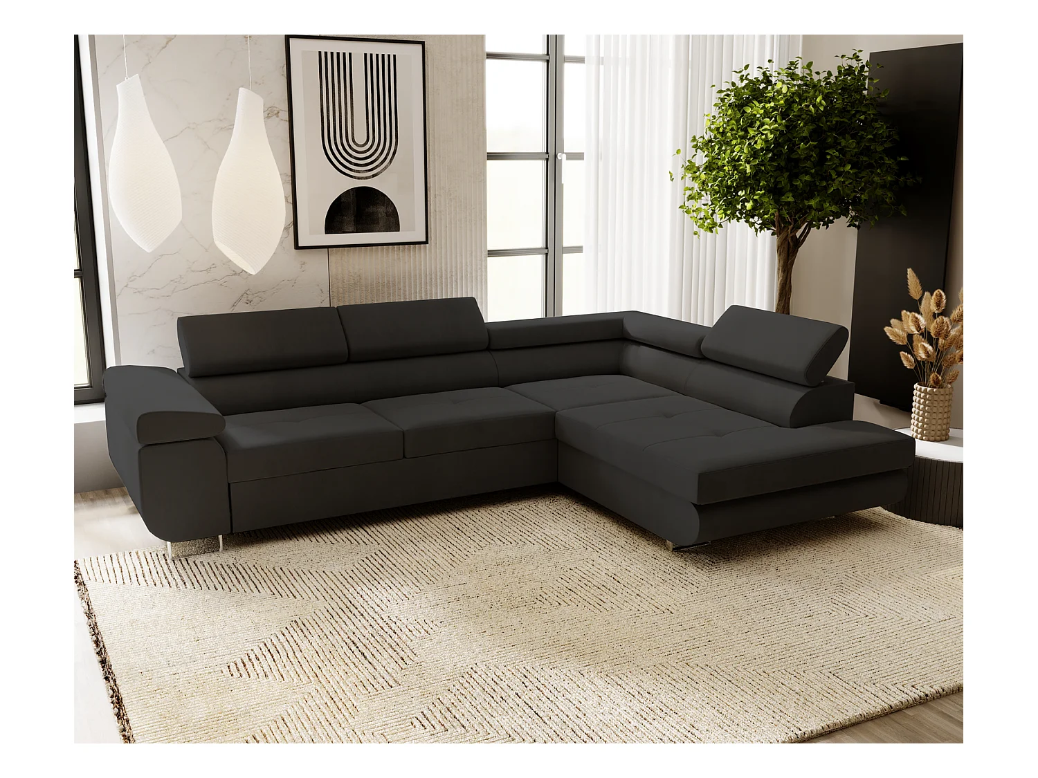 Emporius Sorlo Droit Canapé d'angle avec Coffre de Rangement, têtières réglables - Canapé d'angle Convertible Noir (Amor Velvet 4322)