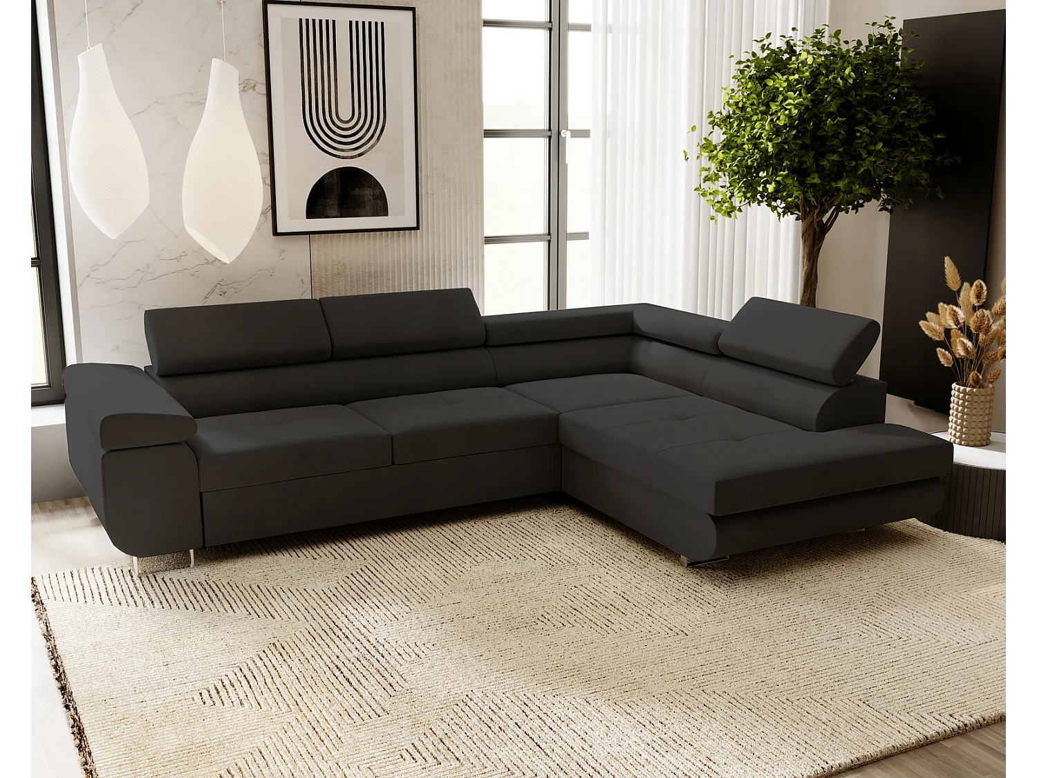 Emporius Sorlo Rechts Ecksofa mit Schlaffunktion - Eckcouch mit Bettkasten, Sofa L-Form Schwarz (Amor Velvet 4322)