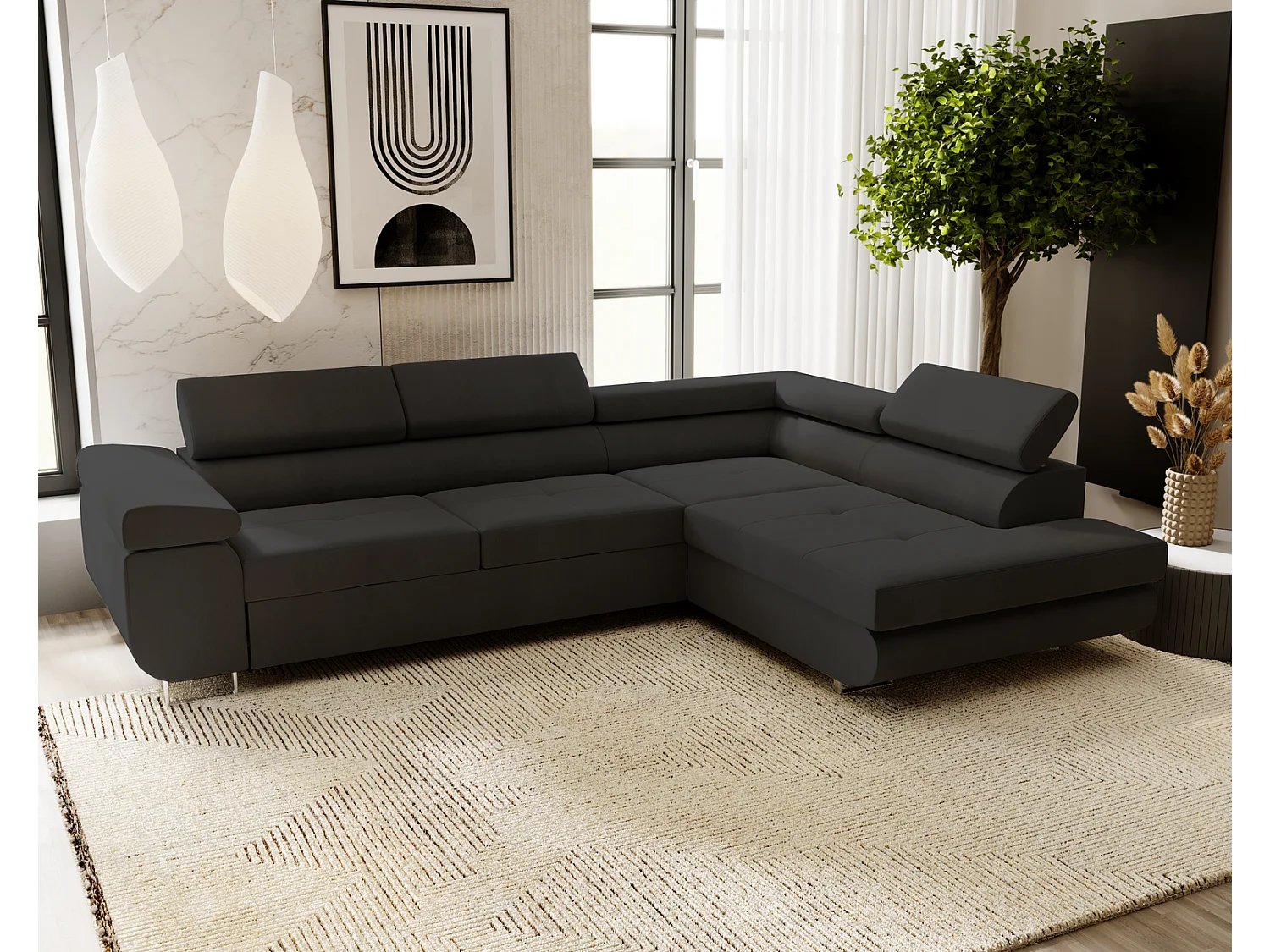 Emporius Sorlo rechts Hoekbank met slaapfunctie, sofa met bedlade - gestoffeerde bank zwart (Amor Velvet 4322)