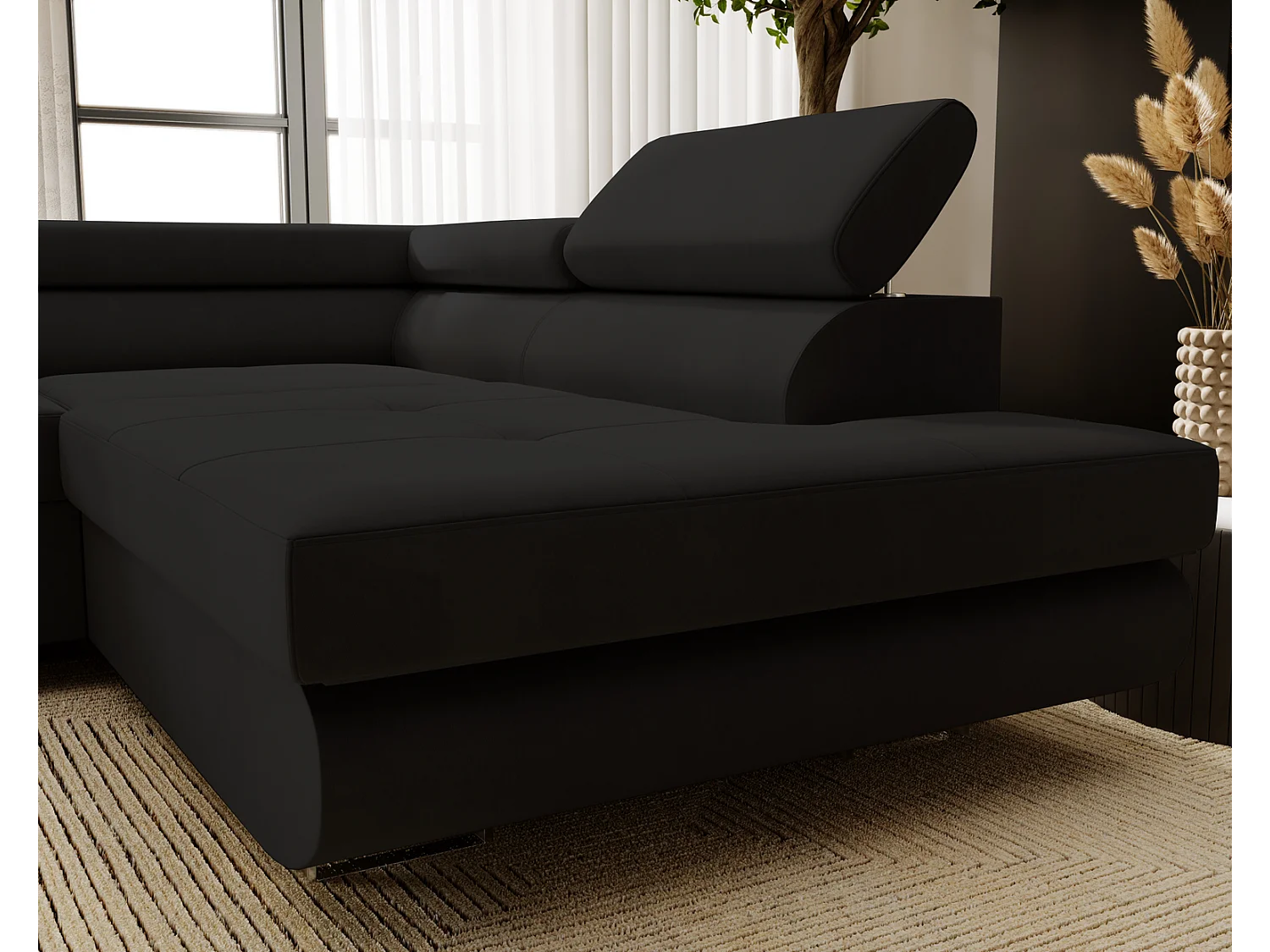 Emporius Sorlo rechts Hoekbank met slaapfunctie, sofa met bedlade - gestoffeerde bank zwart (Amor Velvet 4322)