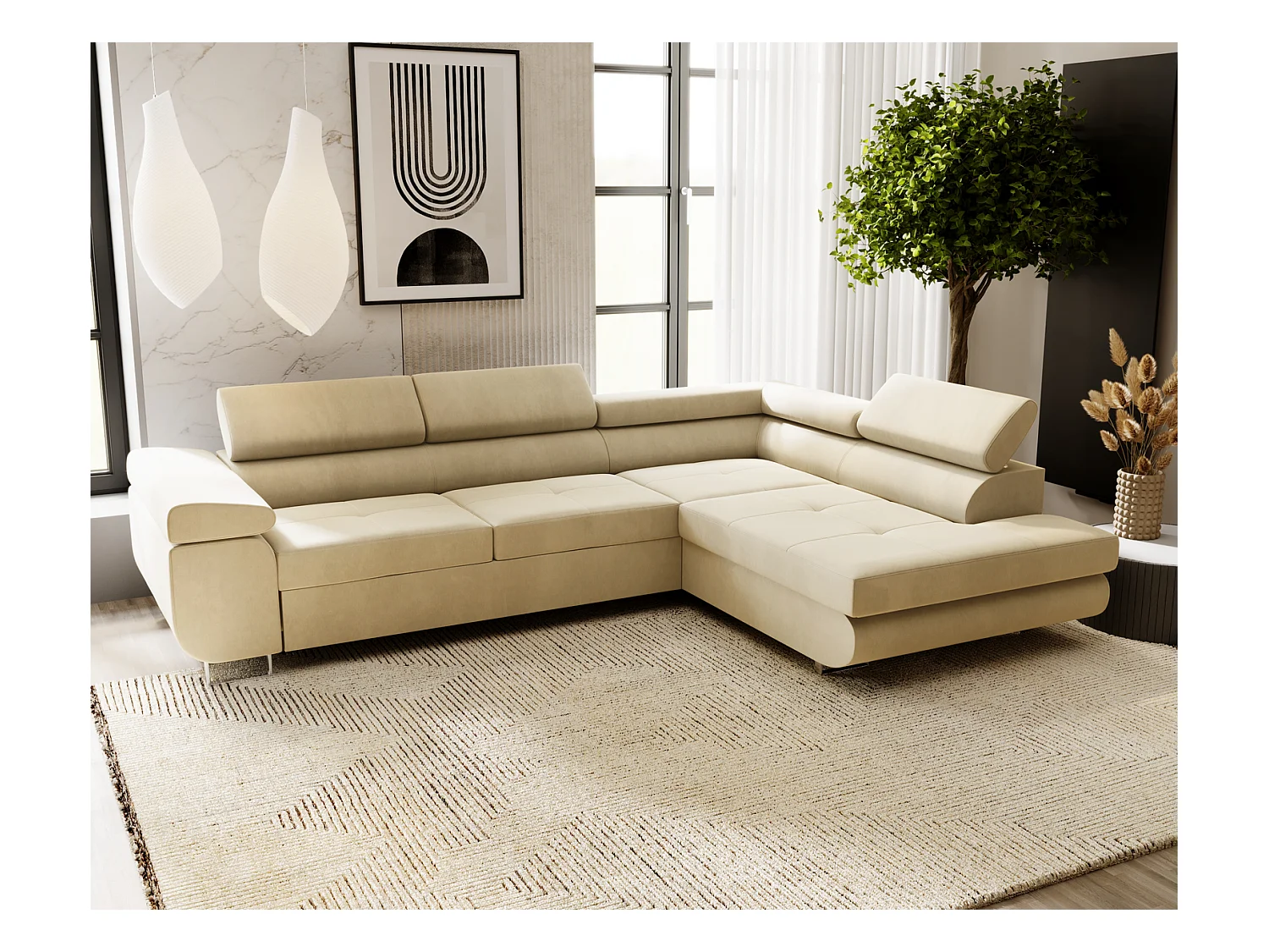 Emporius Sorlo Droit Canapé d'angle avec Coffre de Rangement, têtières réglables - Canapé d'angle Convertible Vanille (Amor Velvet 4323)