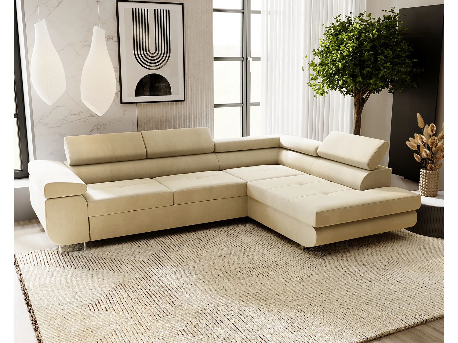 Emporius Sorlo Rechts Ecksofa mit Schlaffunktion - Eckcouch mit Bettkasten, Sofa L-Form Vanille (Amor Velvet 4323)