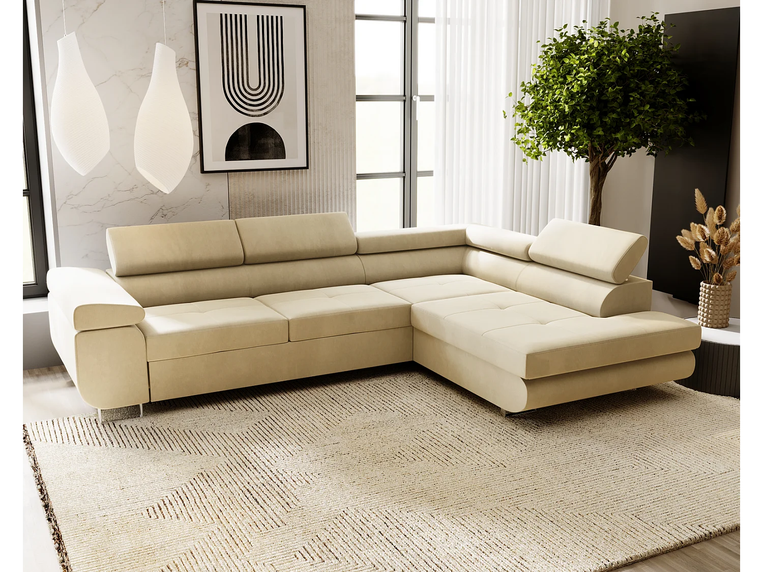 Emporius Sorlo rechts Hoekbank met slaapfunctie, sofa met bedlade - gestoffeerde bank vanille (Amor Velvet 4323)