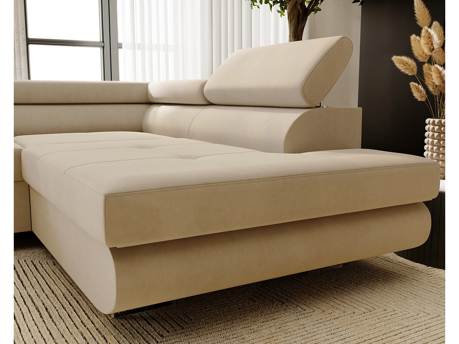 Emporius Sorlo rechts Hoekbank met slaapfunctie, sofa met bedlade - gestoffeerde bank vanille (Amor Velvet 4323)