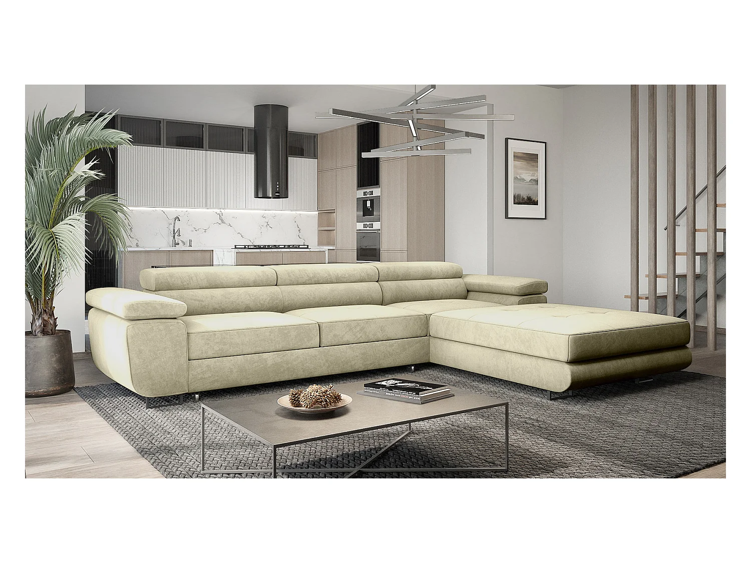 Emporius Sorlo Twin Droit Canapé d'angle 280 cm, Coffre de Rangement, têtières réglables - Canapé d'angle Convertible Beige (Monolith 02)