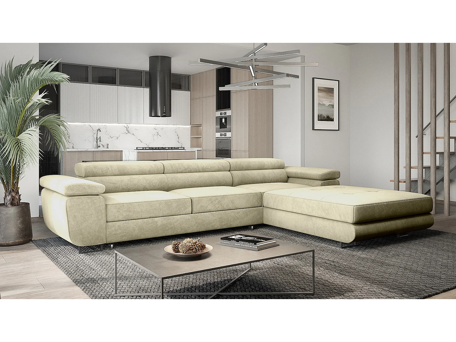 Emporius Sorlo Twin Droit Canapé d'angle 280 cm, Coffre de Rangement, têtières réglables - Canapé d'angle Convertible Beige (Monolith 02)