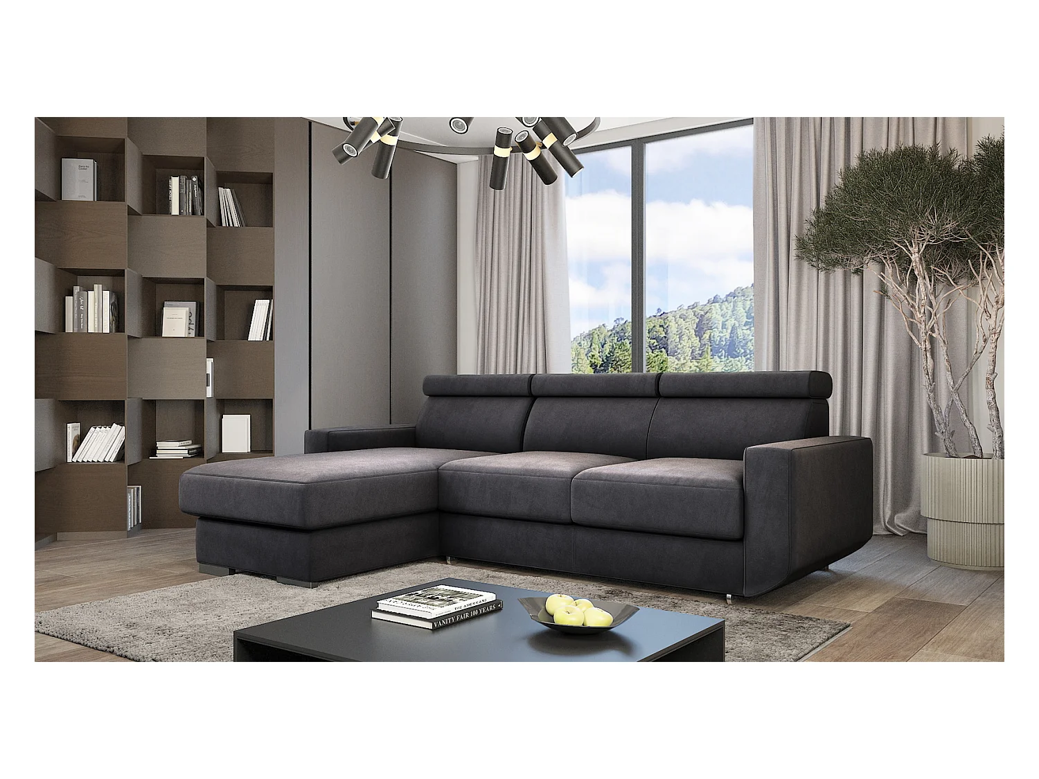 Emporius Braga Gauche Canapé d'angle 3 Places Convertible, Coffre de Rangement, têtières réglables - Canapé Lit Gris foncé (Monolith 95)