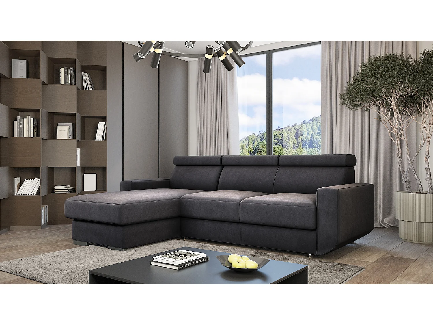 Emporius Braga Gauche Canapé d'angle 3 Places Convertible, Coffre de Rangement, têtières réglables - Canapé Lit Gris foncé (Monolith 95)