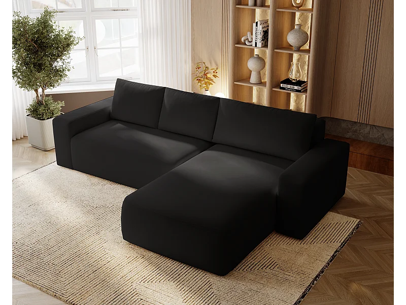Emporius Aldo L narożnik do salonu - sofa z funkcją spania i pojemnikiem - nowoczesny styl, prawostronny, tkanina aksamitna, czarny (Komodo 23)