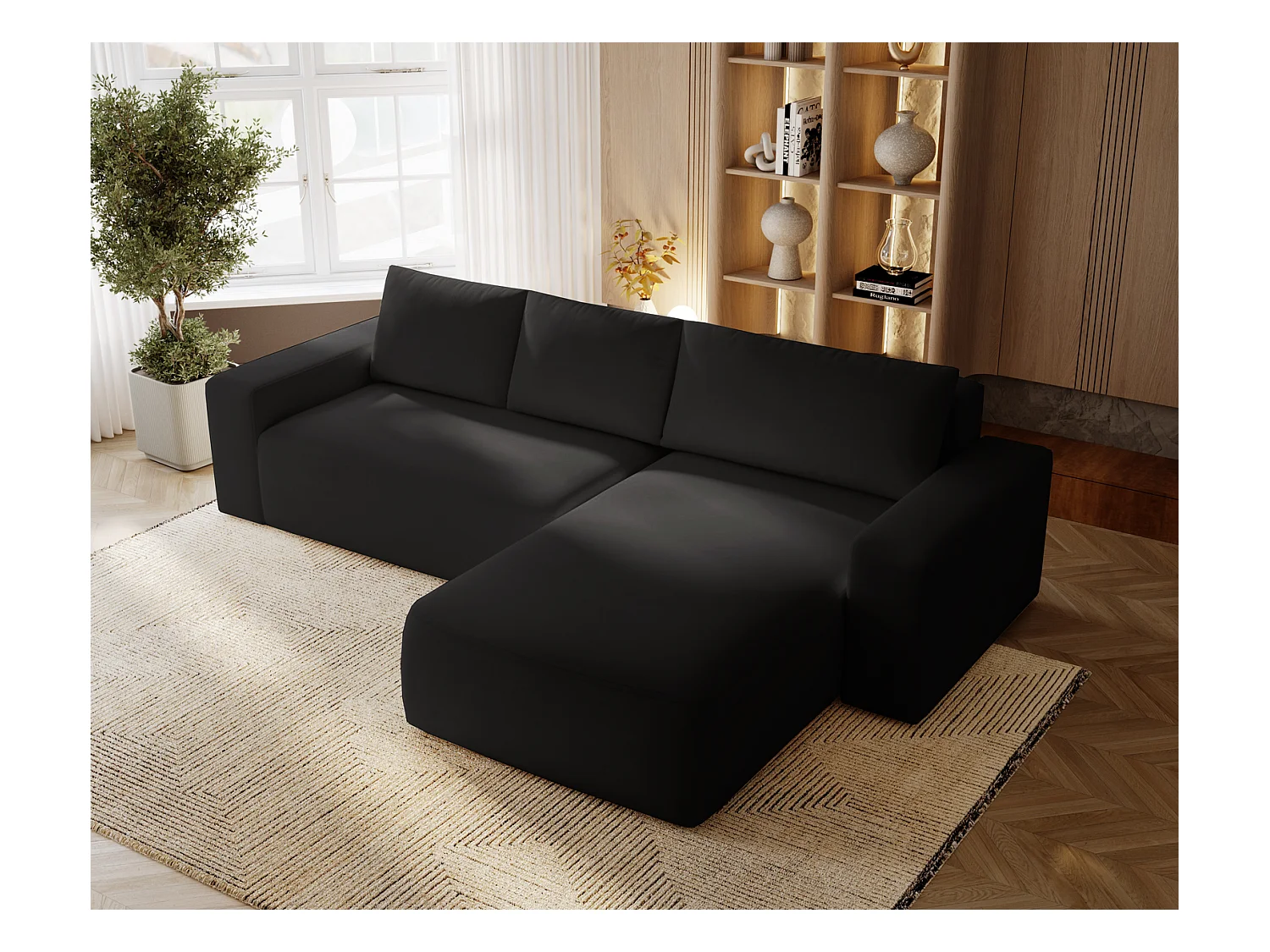 Emporius Aldo L Droit Canapé d'angle Convertible avec Coffre de Rangement - Canapé 3 Places 250x165 cm, Canapé Lit Noir (Komodo 23)