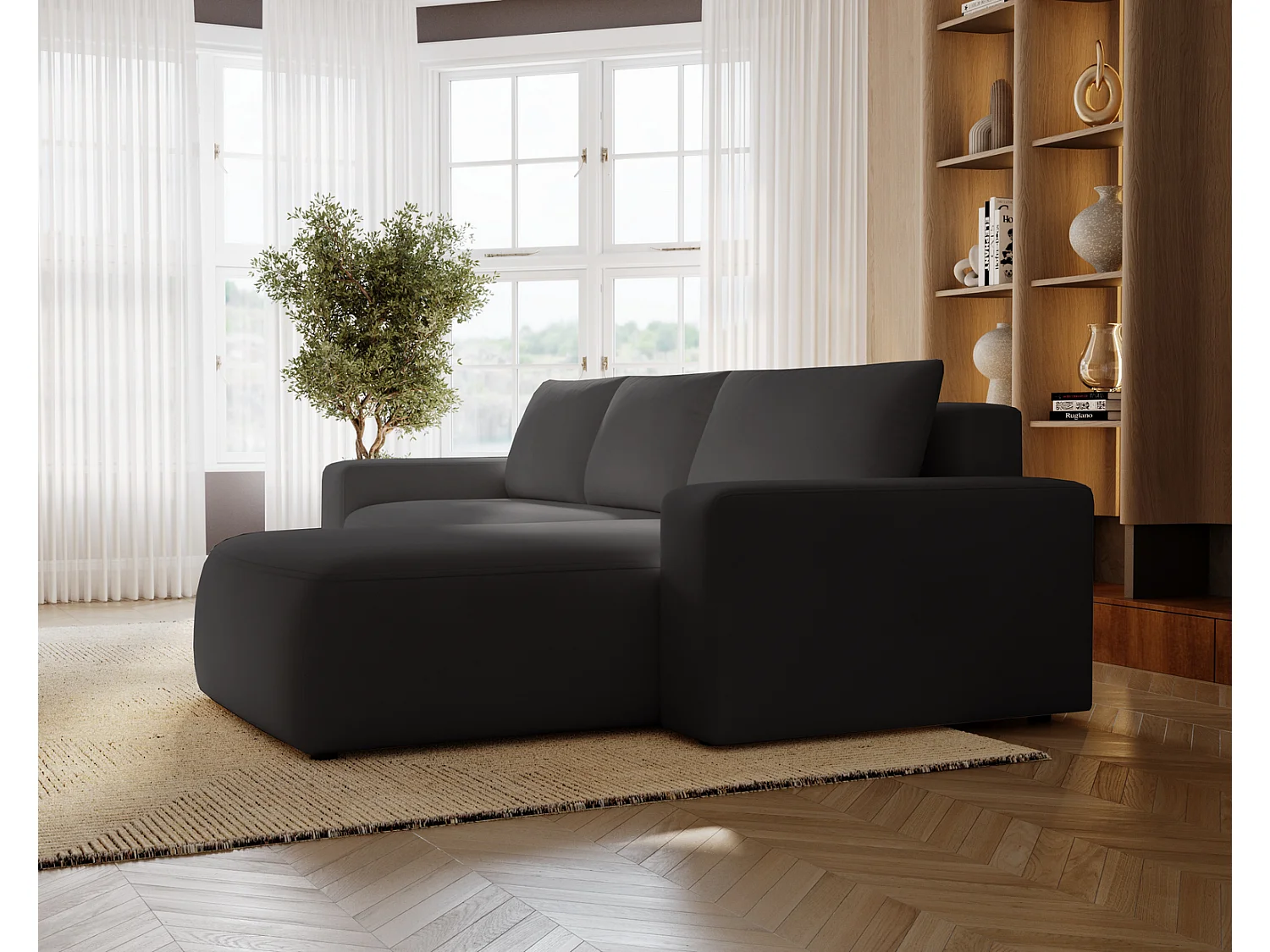 Emporius Aldo L narożnik do salonu - sofa z funkcją spania i pojemnikiem - nowoczesny styl, prawostronny, tkanina aksamitna, czarny (Komodo 23)