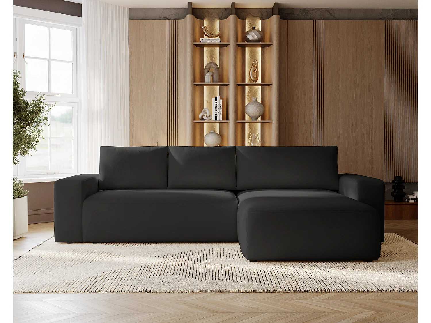 Emporius Aldo L Droit Canapé d'angle Convertible avec Coffre de Rangement - Canapé 3 Places 250x165 cm, Canapé Lit Noir (Komodo 23)