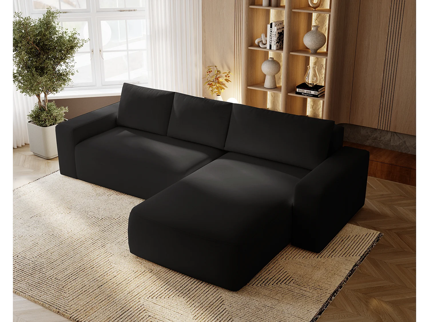 Emporius Aldo L rechts Hoekbank met slaapfunctie en bedlade, Sofa 250x165 cm - woonkamerbank zwart (Komodo 23)