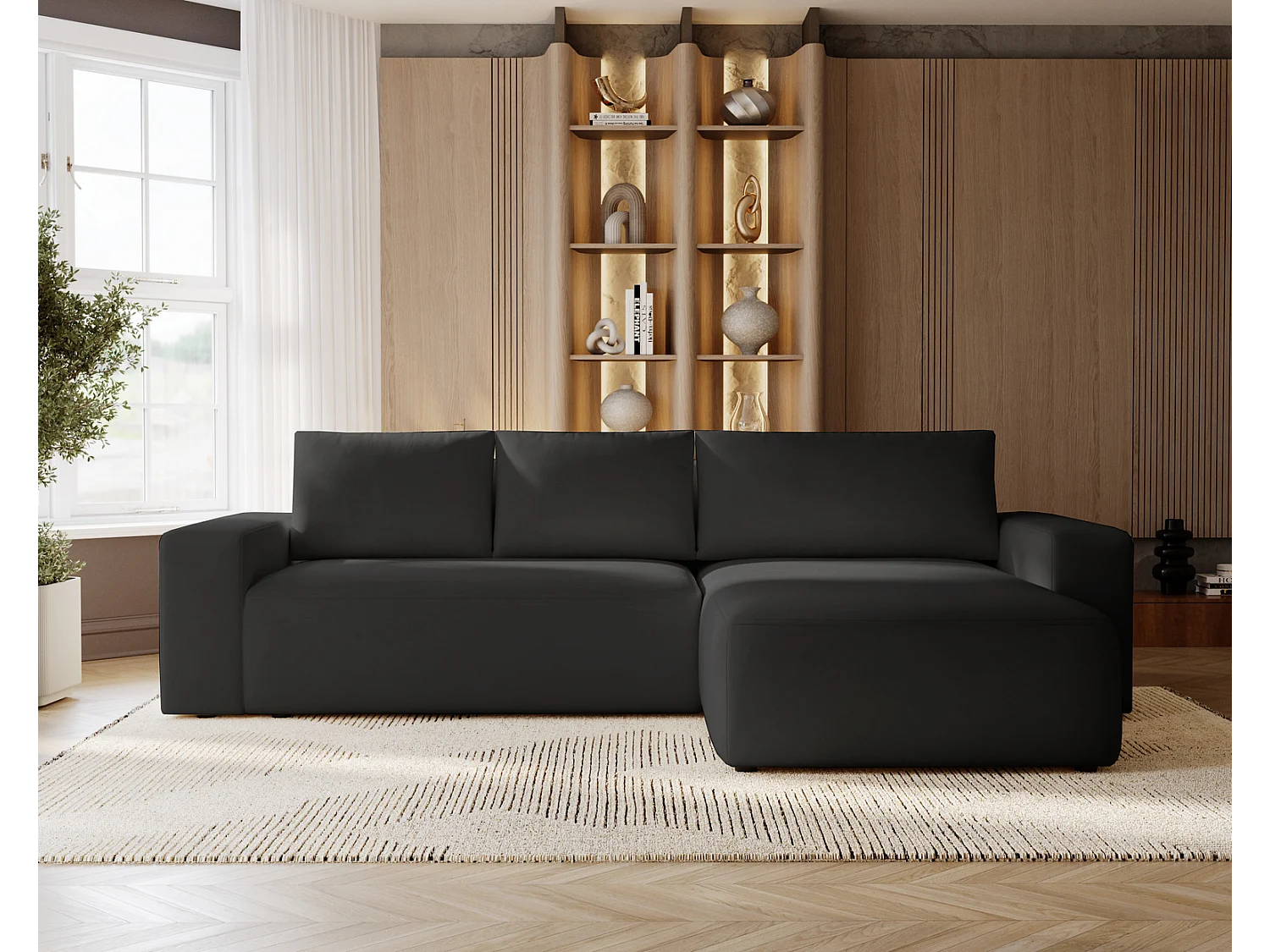 Emporius Aldo L rechts Hoekbank met slaapfunctie en bedlade, Sofa 250x165 cm - woonkamerbank zwart (Komodo 23)