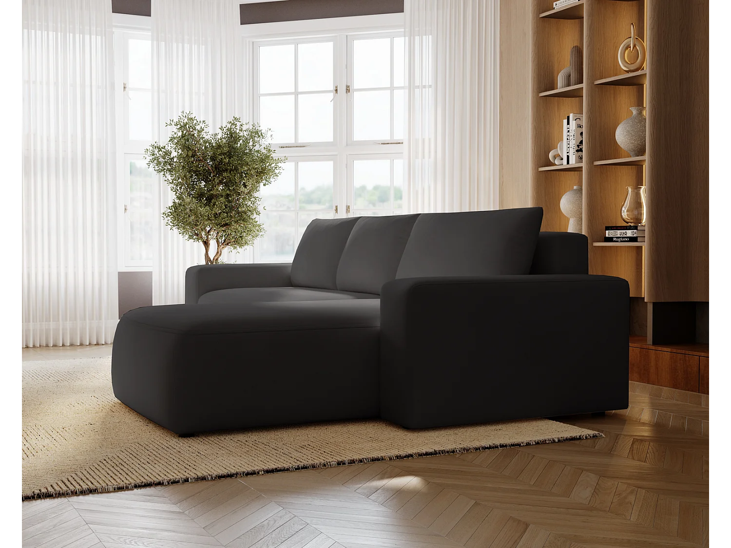 Emporius Aldo L rechts Hoekbank met slaapfunctie en bedlade, Sofa 250x165 cm - woonkamerbank zwart (Komodo 23)