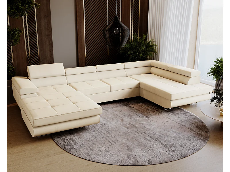 Emporius Sorlo U rechts Hoekbank met bedlade - sofa met slaapfunctie, gestoffeerde woonkamerbank - vanille (Amor Velvet 4323)