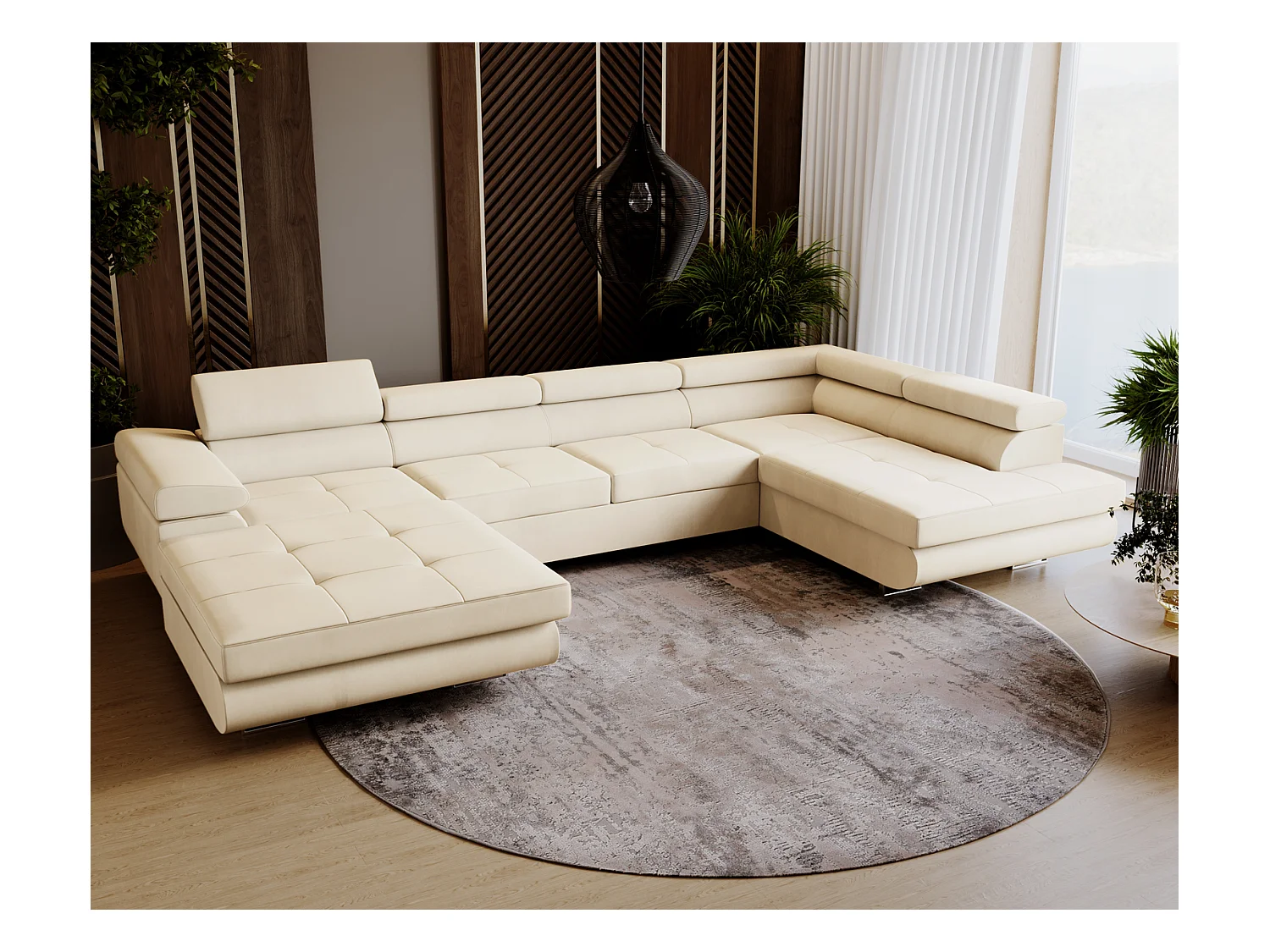Emporius Sorlo U Droit Canapé d'angle Convertible, Canapé avec Coffre de Rangement, têtières réglables - Canapé d'angle U Vanille (Amor Velvet 4323)
