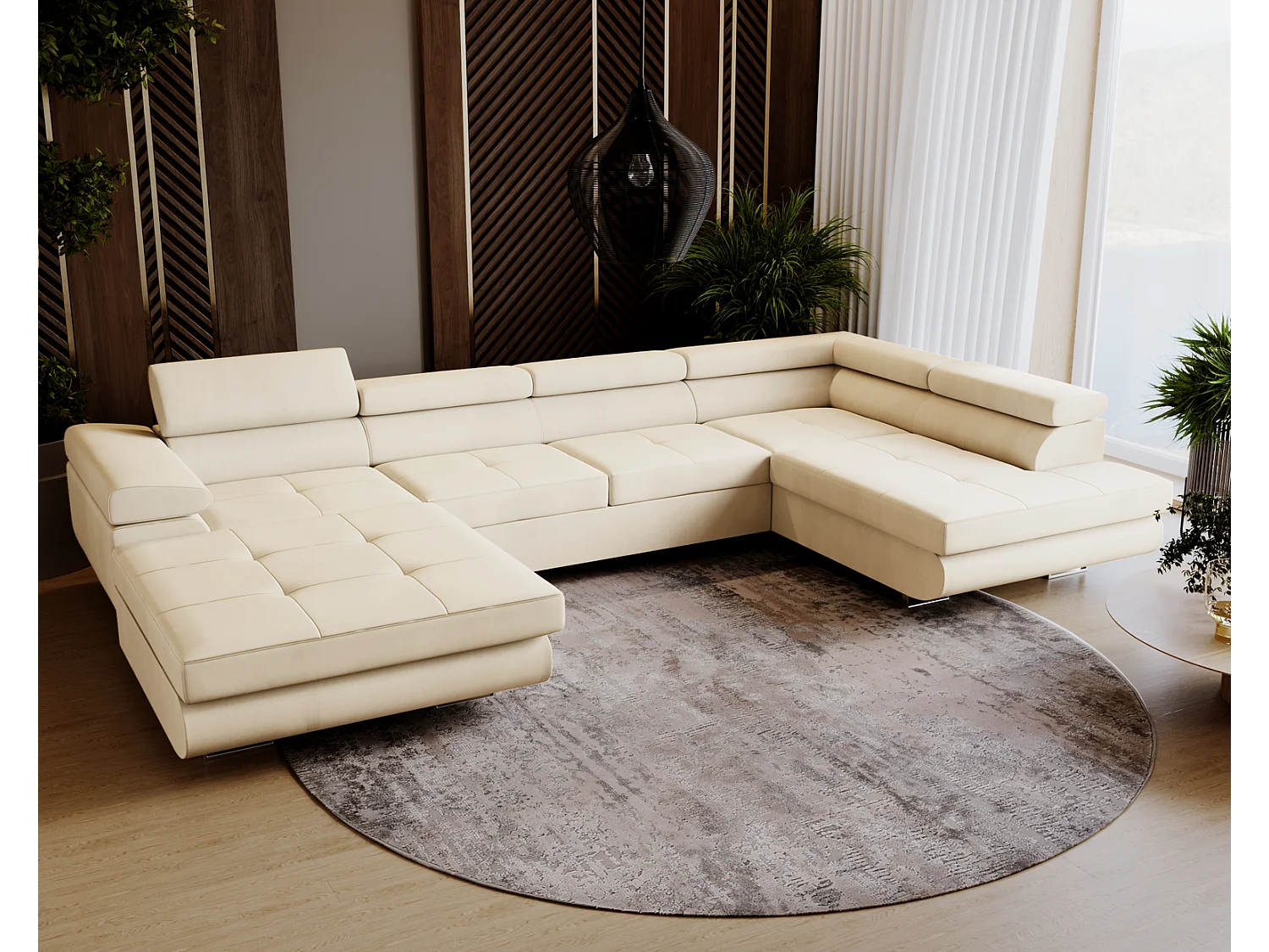 Emporius Sorlo U rechts Hoekbank met bedlade - sofa met slaapfunctie, gestoffeerde woonkamerbank - vanille (Amor Velvet 4323)
