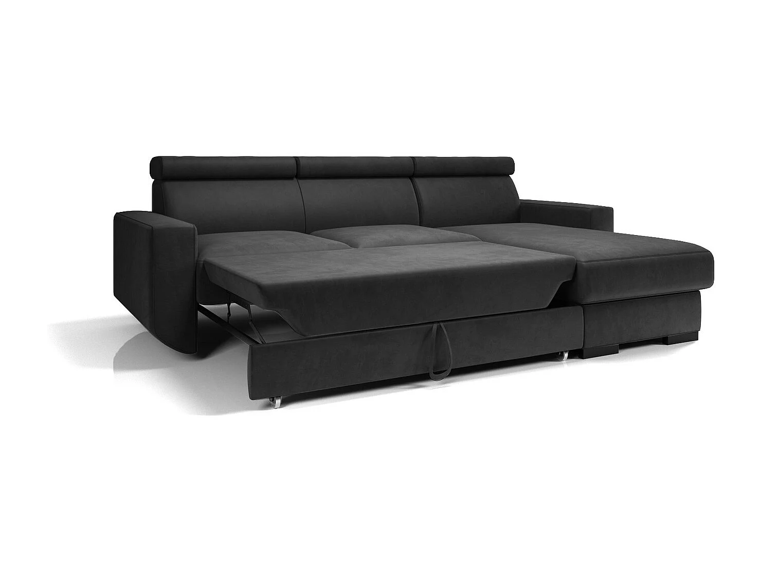 Emporius Braga narożnik z funkcją spania - pojemnik, regulowane zagłówki - sofa rozkładana, prawostronny, tkanina aksamitna, ciemny szary (Monolith 95)