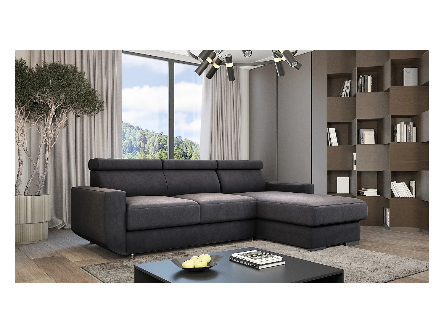 Emporius Braga Droit Canapé d'angle 3 Places Convertible, Coffre de Rangement, têtières réglables - Canapé Lit Gris foncé (Monolith 95)