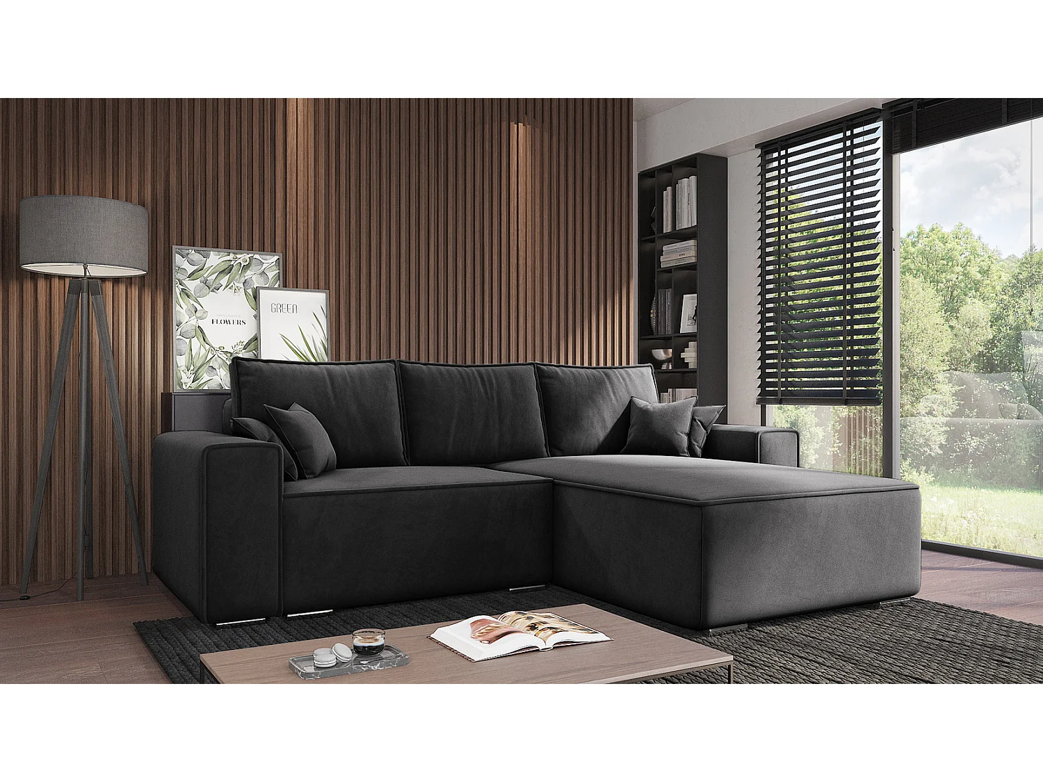 Emporius Lora Droit Canapé d'angle avec Coffre de Rangement - Canapé d'angle Convertible Noir (Amor Velvet 4322)