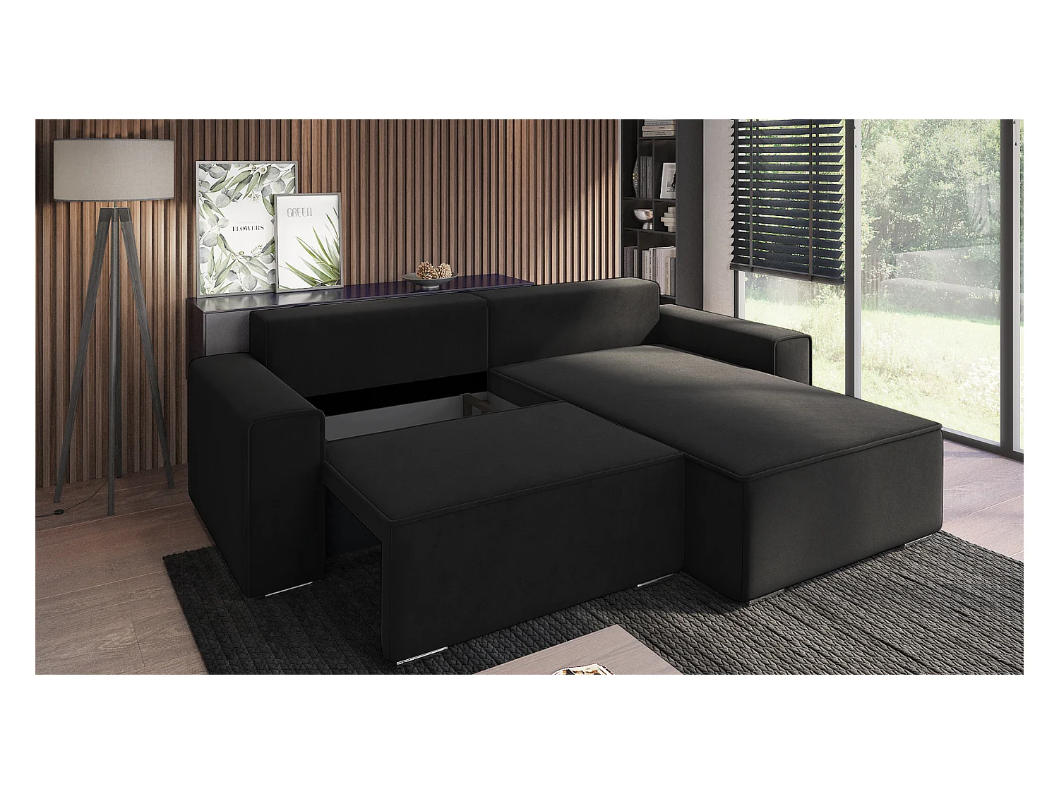 Emporius Lora Droit Canapé d'angle avec Coffre de Rangement - Canapé d'angle Convertible Noir (Amor Velvet 4322)