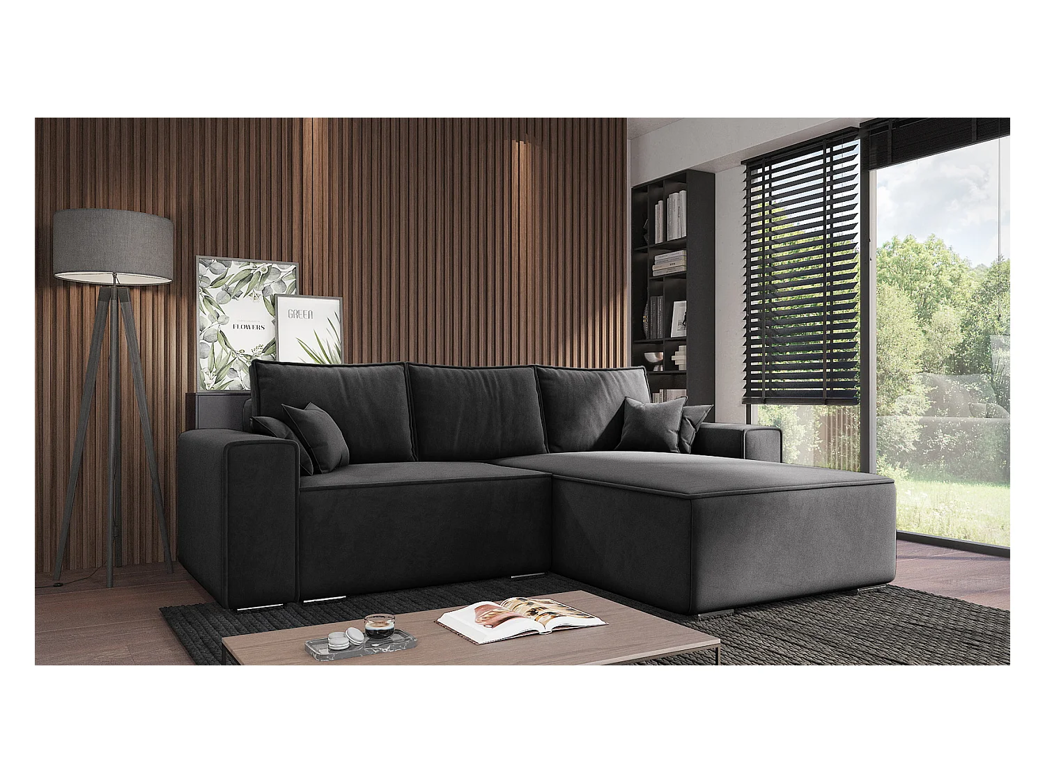 Emporius Lora Droit Canapé d'angle avec Coffre de Rangement - Canapé d'angle Convertible Noir (Amor Velvet 4322)