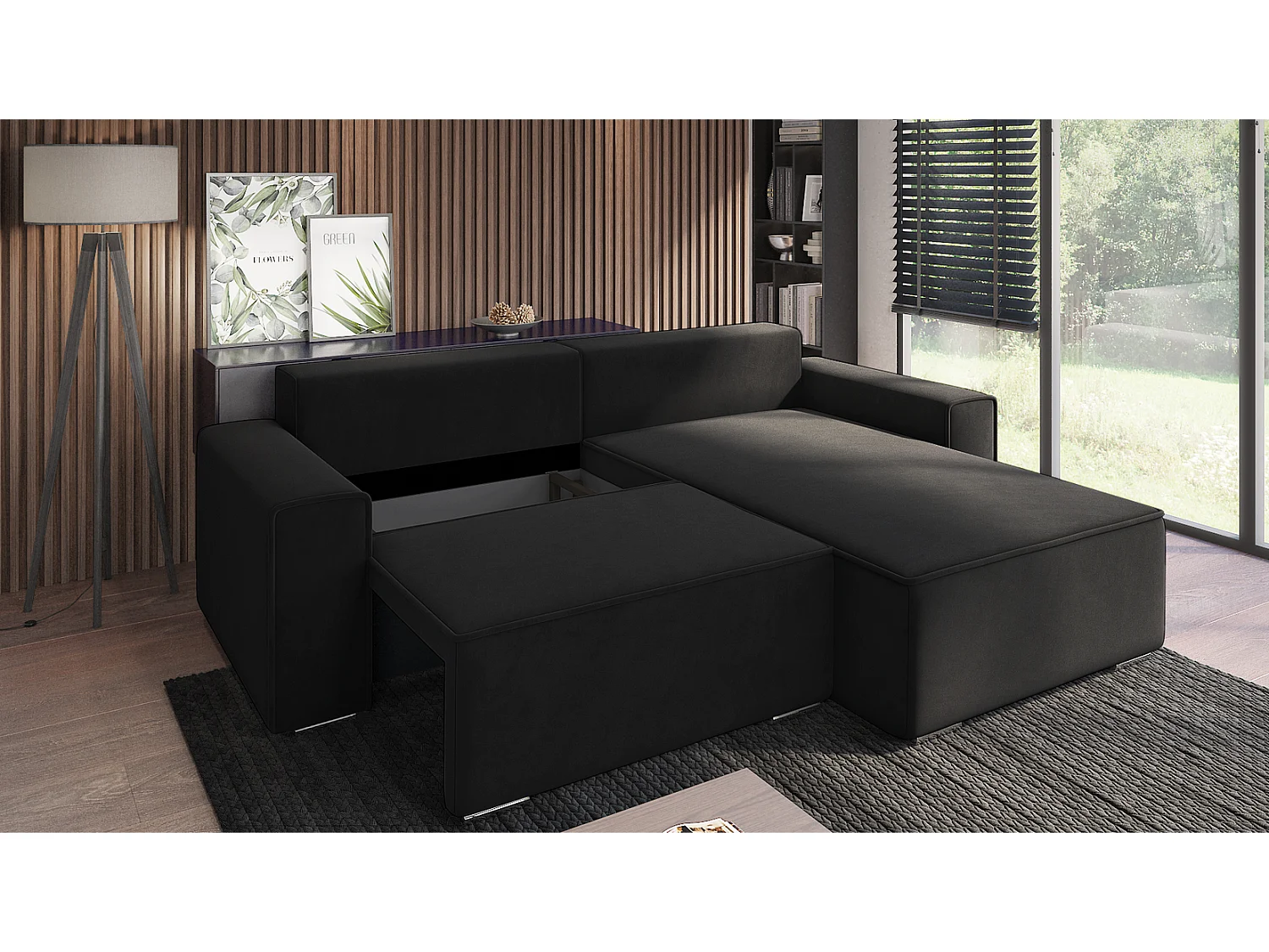 Emporius Lora rechts Hoekbank 250 cm, sofa met slaapfunctie en bedlade, woonkamerbank, 3-zitsbank zwart (Amor Velvet 4322)