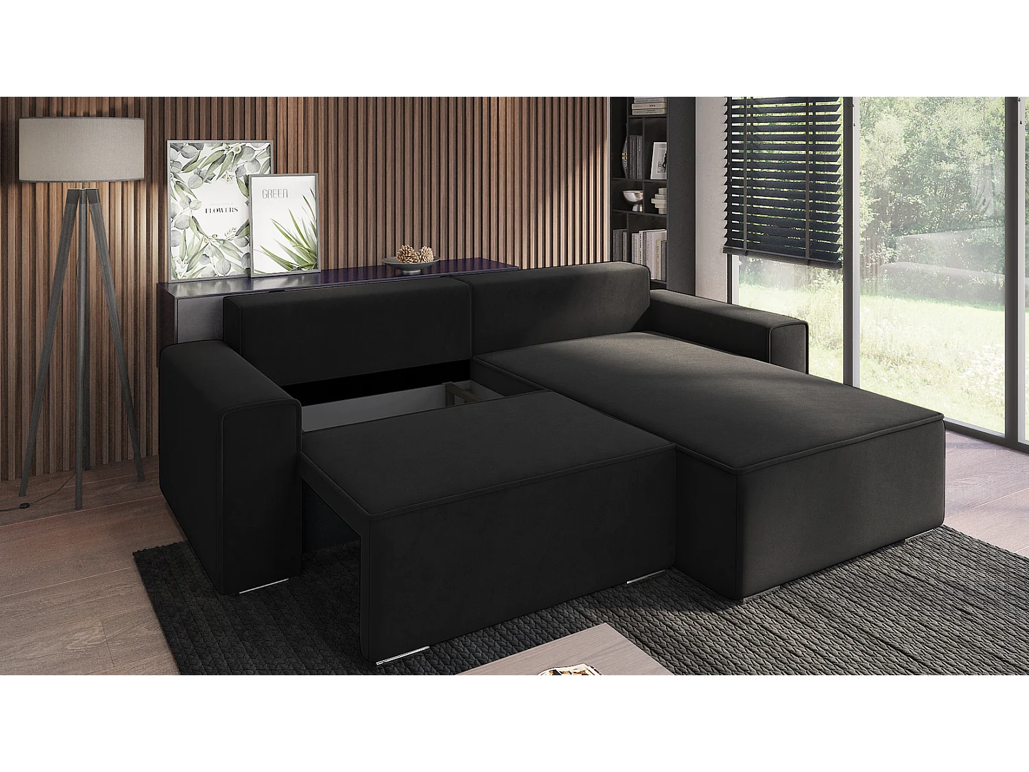 Emporius Lora Rechts Ecksofa mit Schlaffunktion, Sofa L-Form, Bettkasten, Samtstoff, Ecksofa 250 cm Schwarz (Amor Velvet 4322)