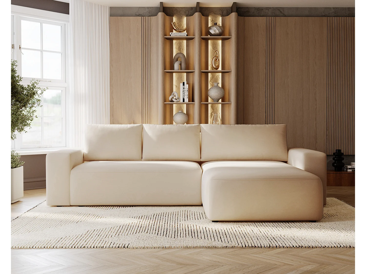 Emporius Aldo L narożnik do salonu - sofa z funkcją spania i pojemnikiem - nowoczesny styl, prawostronny, tkanina aksamitna, beżowy (Komodo 11)