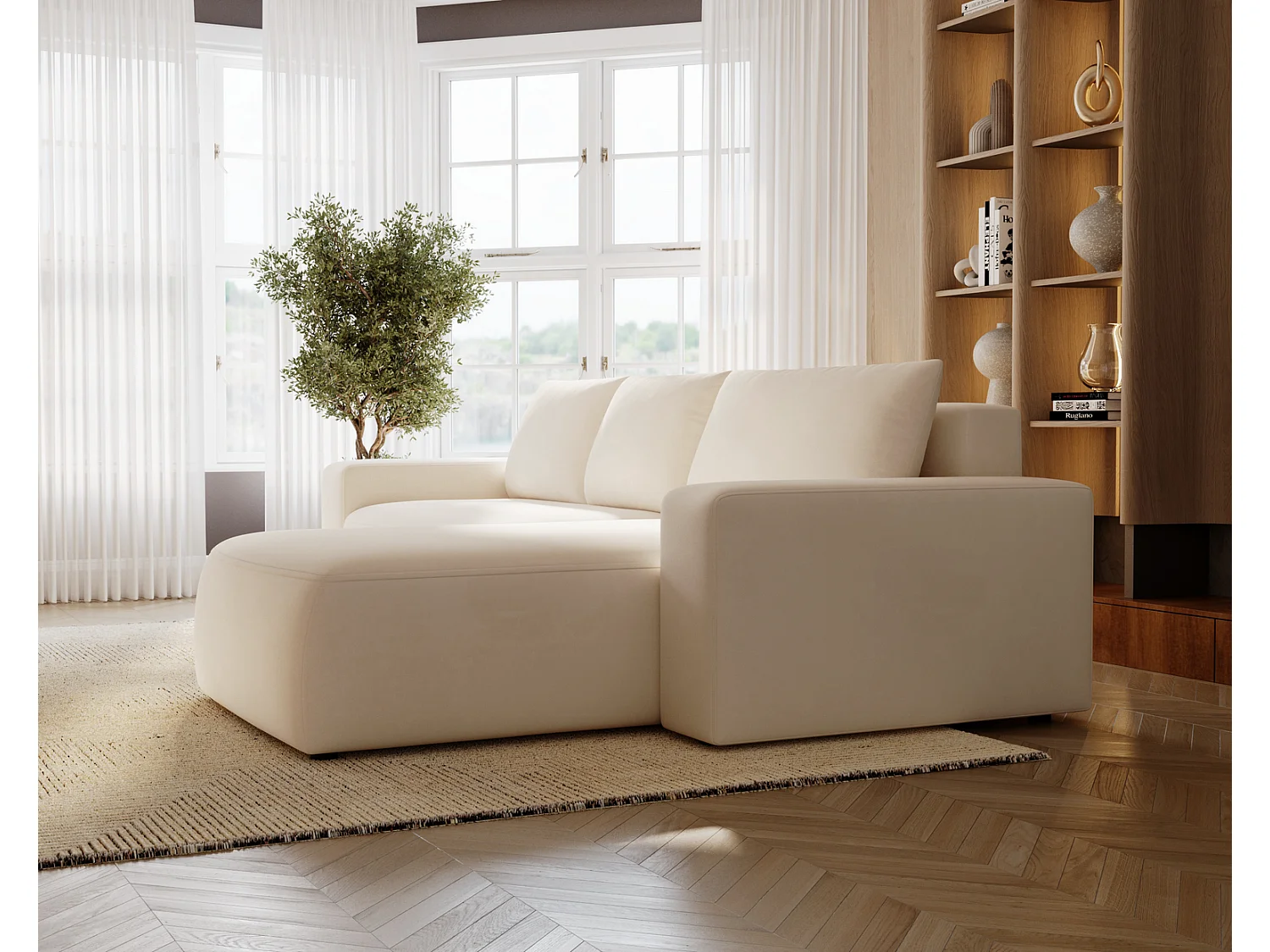 Emporius Aldo L narożnik do salonu - sofa z funkcją spania i pojemnikiem - nowoczesny styl, prawostronny, tkanina aksamitna, beżowy (Komodo 11)